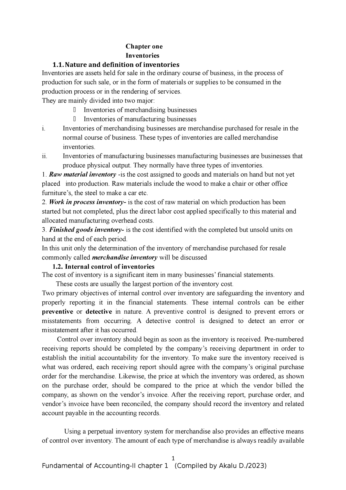 FUA-II Ch1 - Chapter One Inventories 1. Nature And Definition Of ...