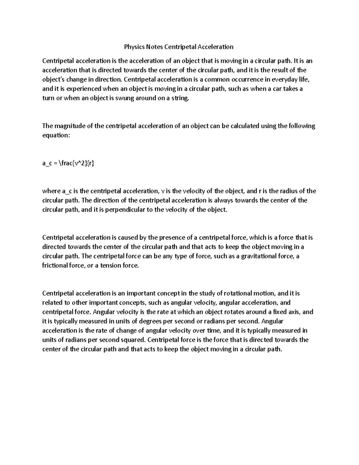 Physics Notes Centripetal Acceleration - Physics Notes Centripetal ...
