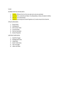 IS 303 Chapter notes - IS 303 BUSINESS INTELLIGENCE Business ...