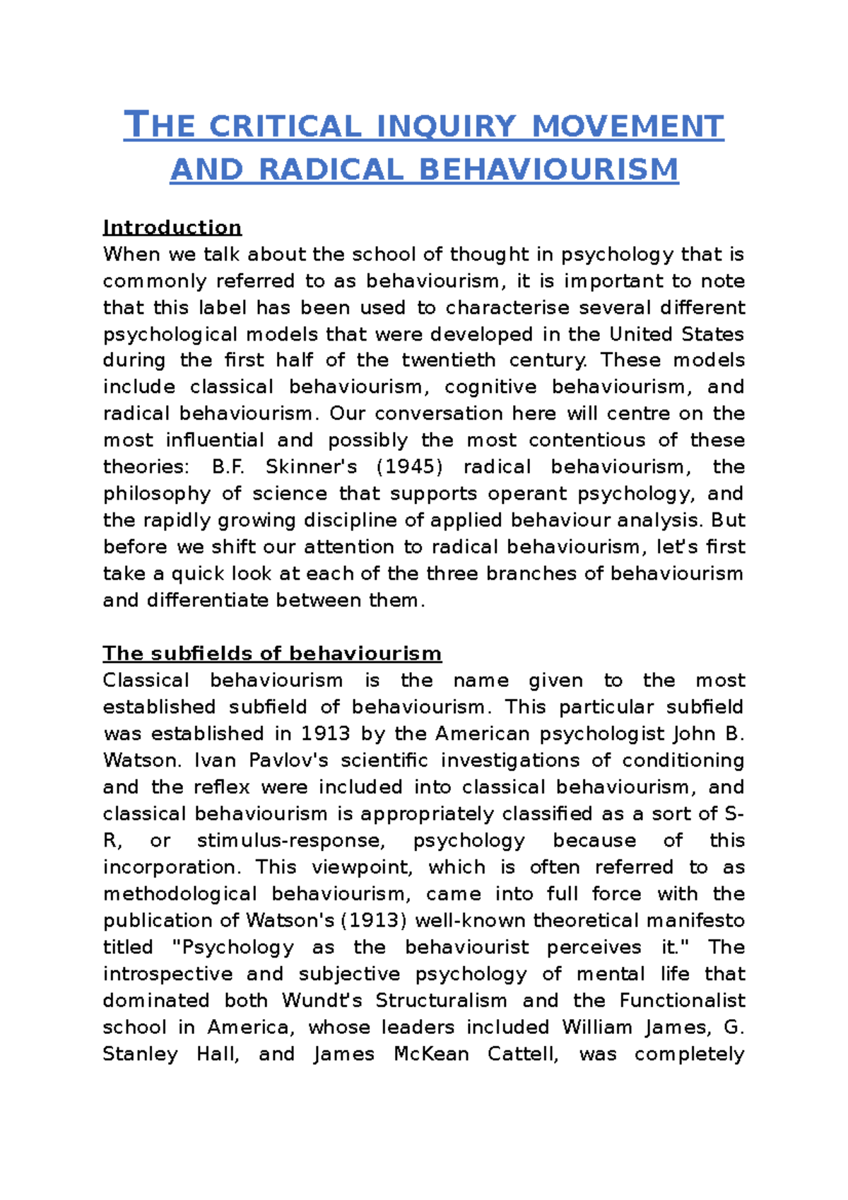 THE Critical Inquiry Movement AND Radical Behaviourism - THE CRITICAL ...