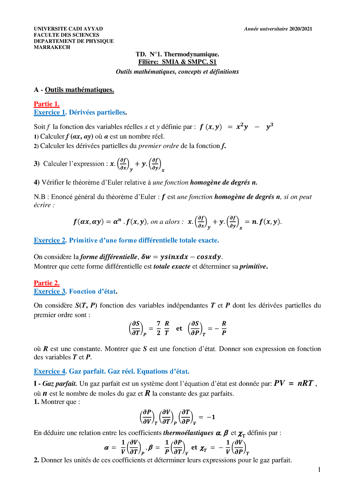 TD N°1Therm S1 FSSM 2020- 2021 - 1 UNIVERSITE CADI AYYAD Année ...