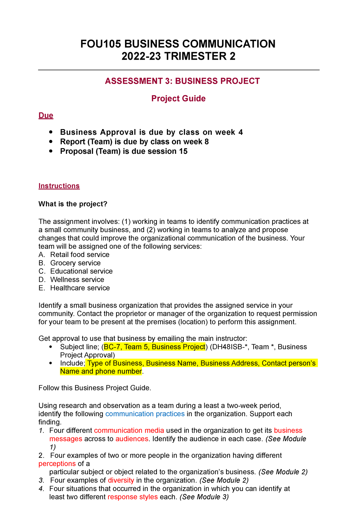 Business Communication 2022-23 T2 - Project Guide - Proposed - FOU105 ...