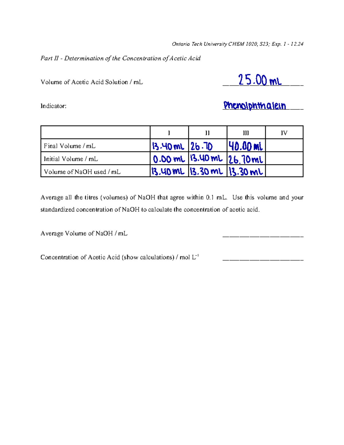 Lab 1 titrations Ontario Tech University CHEM 1020, S23; Exp. 1 12