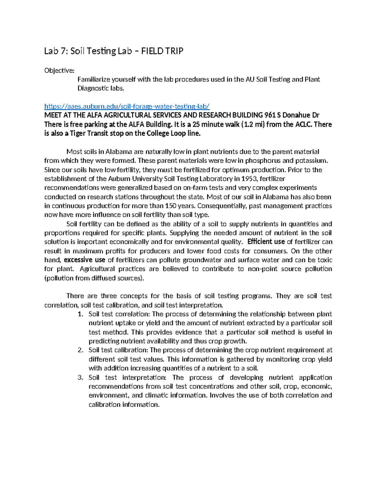 Lab 7 Lab 7 Soil Testing Lab FIELD TRIP Objective Familiarize