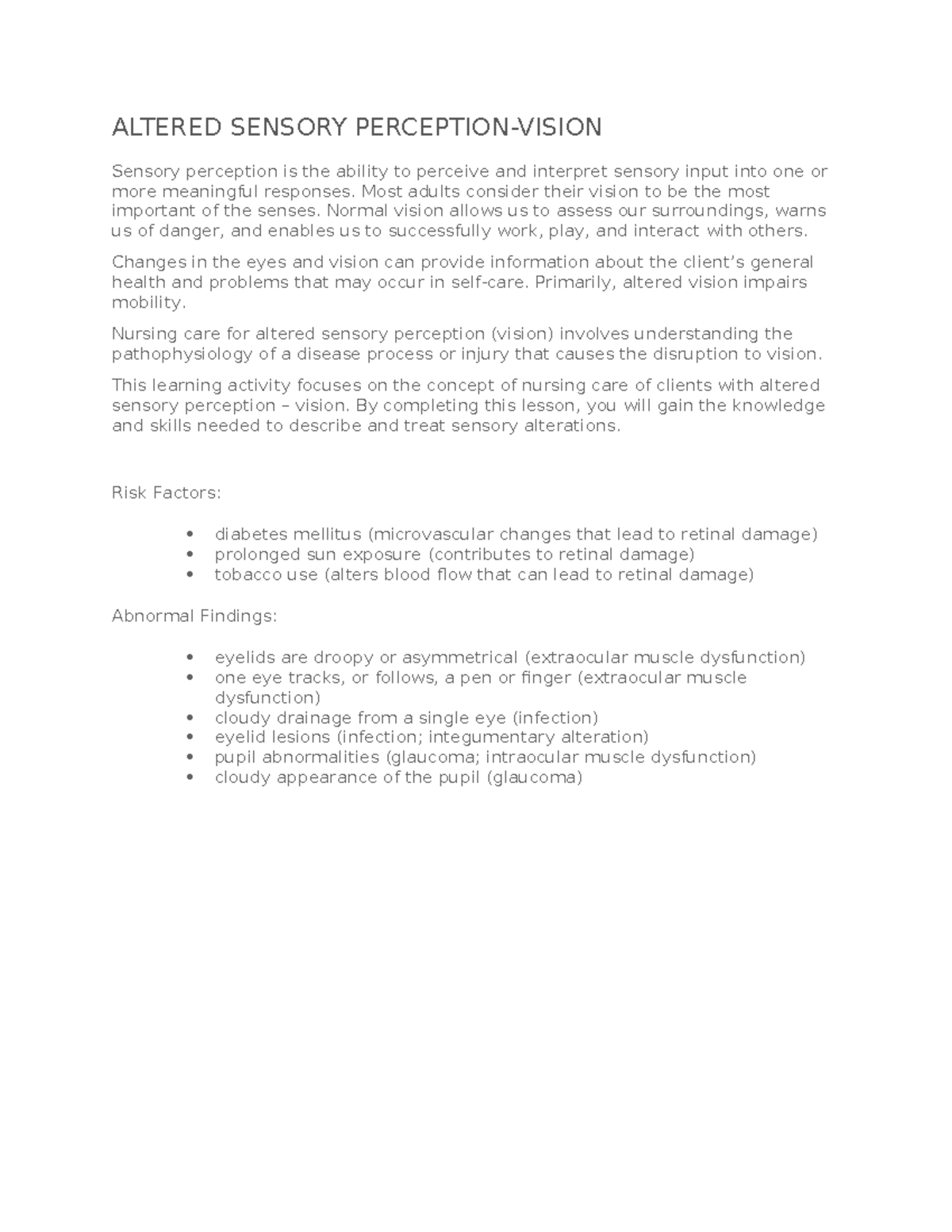 Adult Health II Edapt WEEK 3 ALTERED SENSORY PERCEPTIONVISION