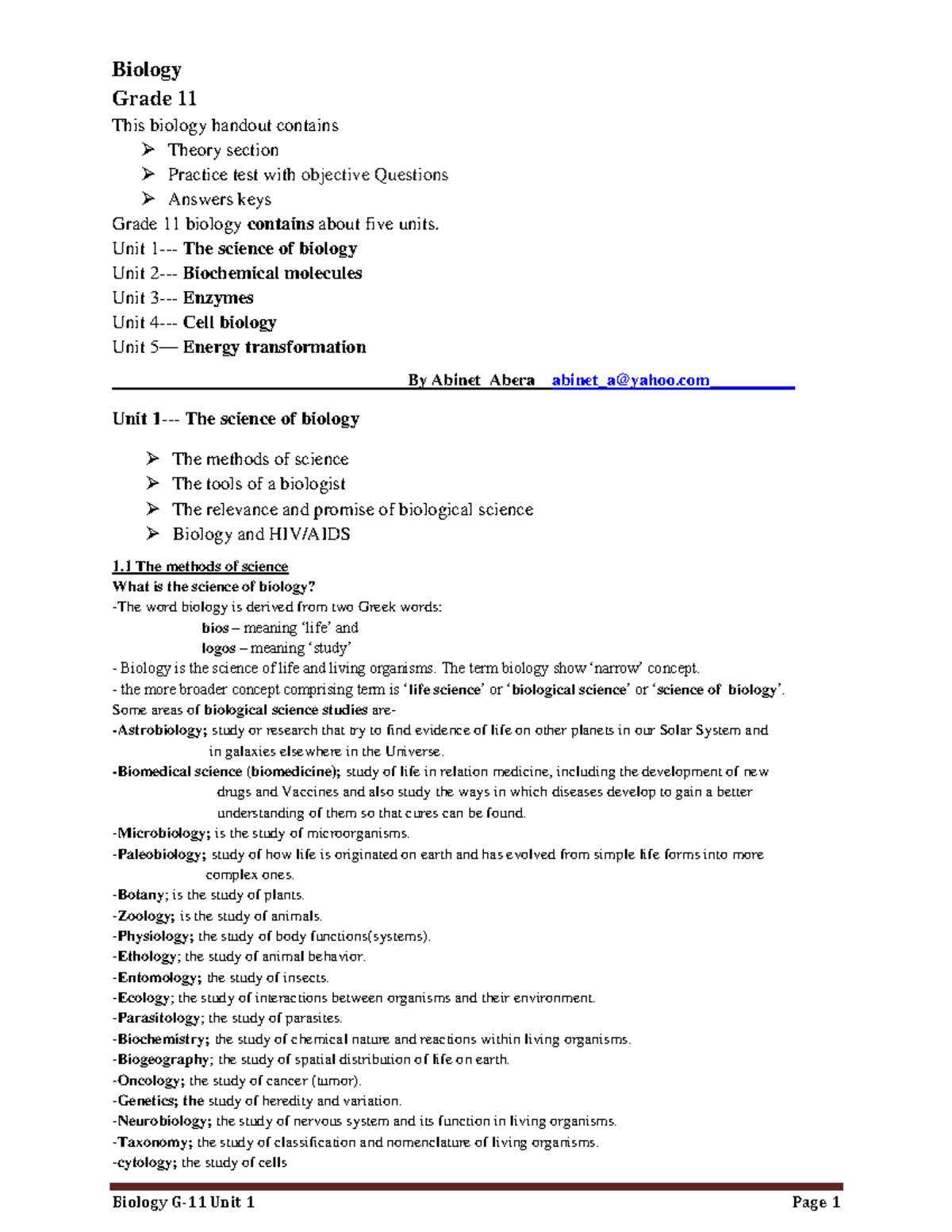 Biology handout for grade 11 Unit 1 The science of biology - Biology ...