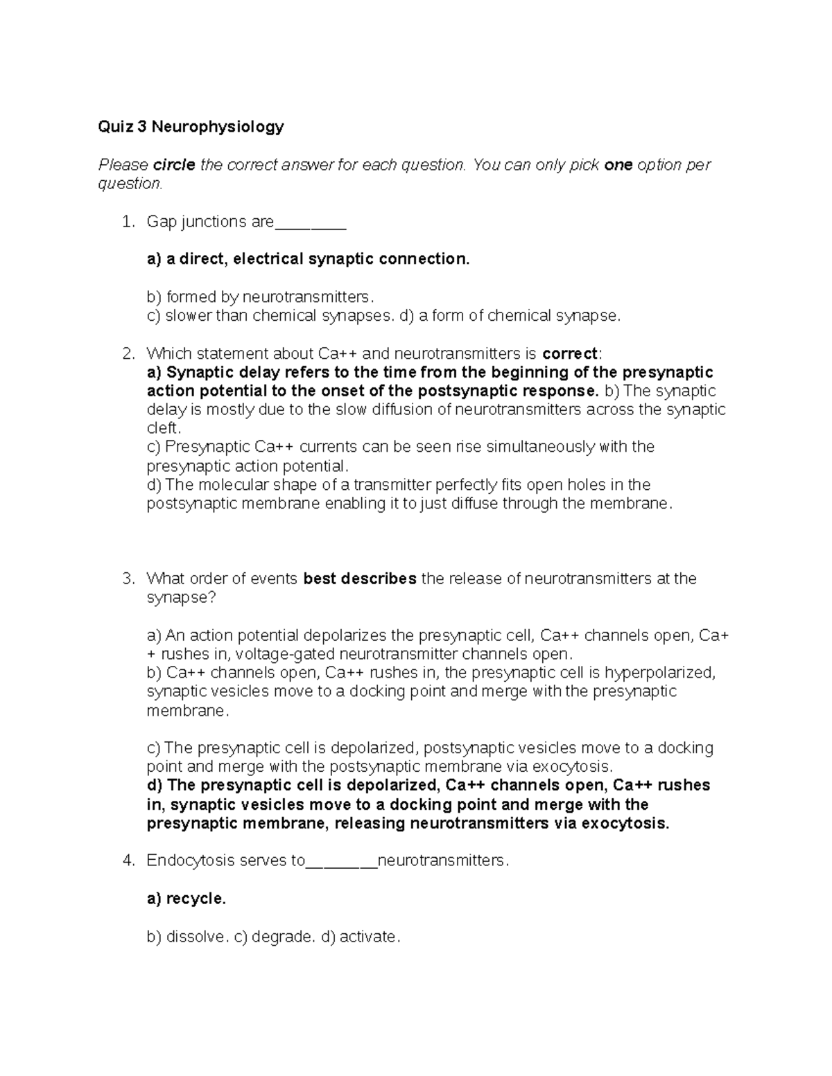 Quiz 3 Neurophysiology - Quiz 3 Neurophysiology Please Circle The ...