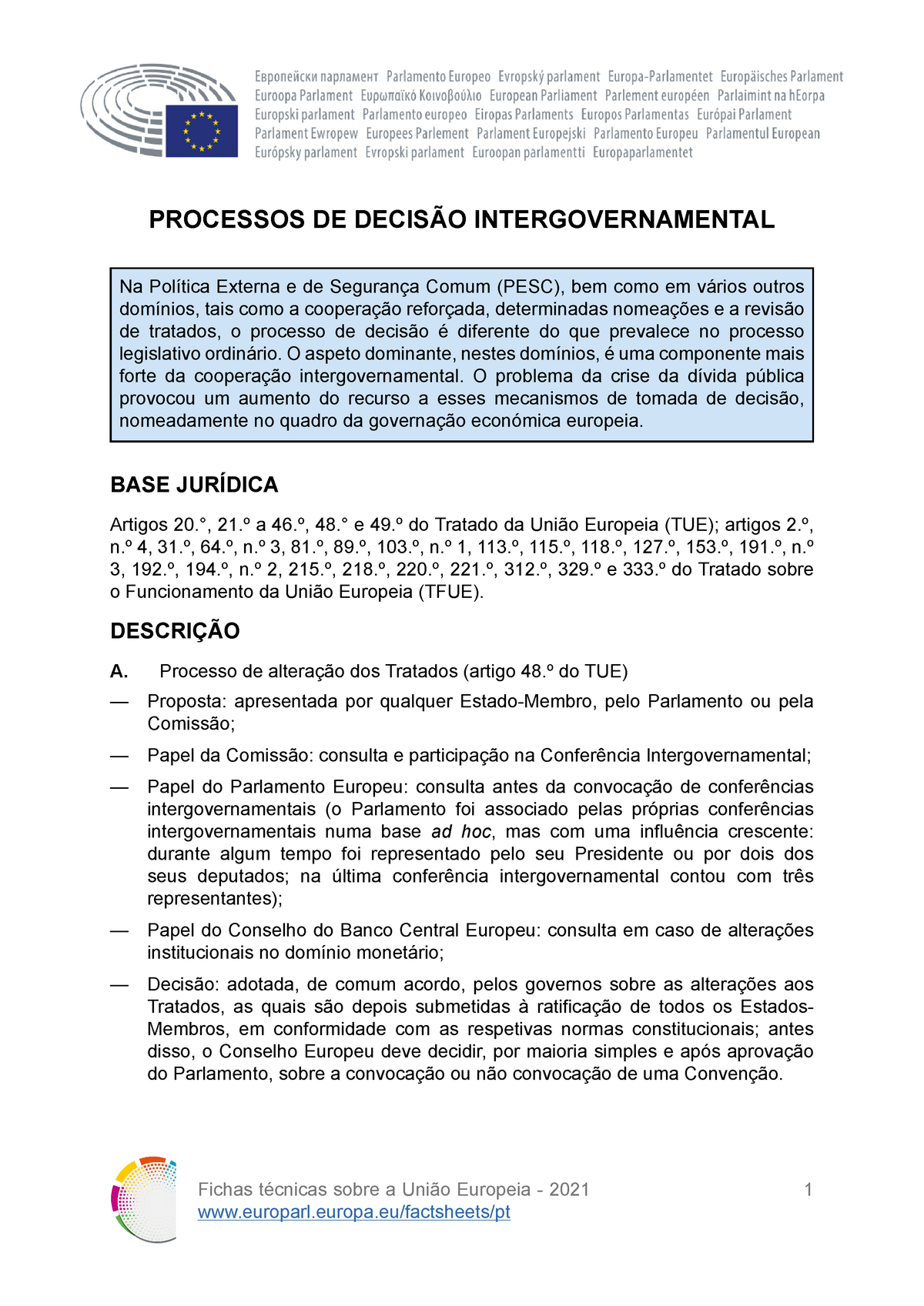 Processos de decisão do tipo Intergovernamental Fichas técnicas sobre a União Europeia