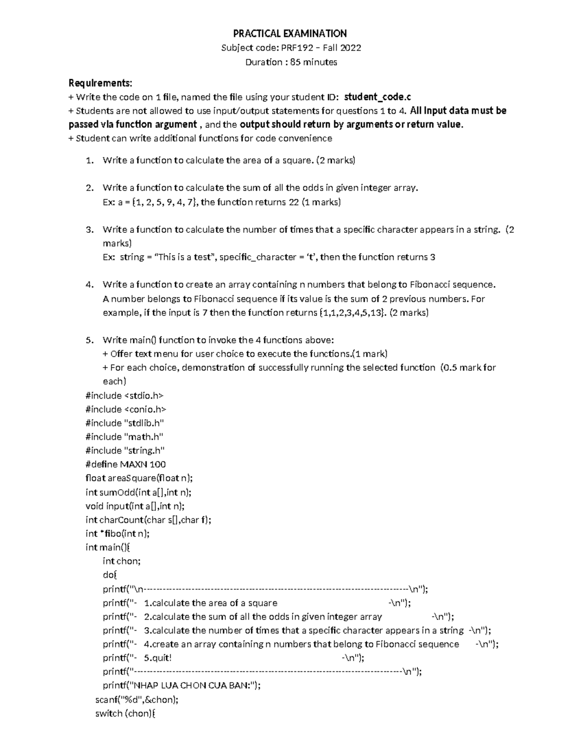 PRF192 PE2 FA22 done - source pe - PRACTICAL EXAMINATION Subject code ...