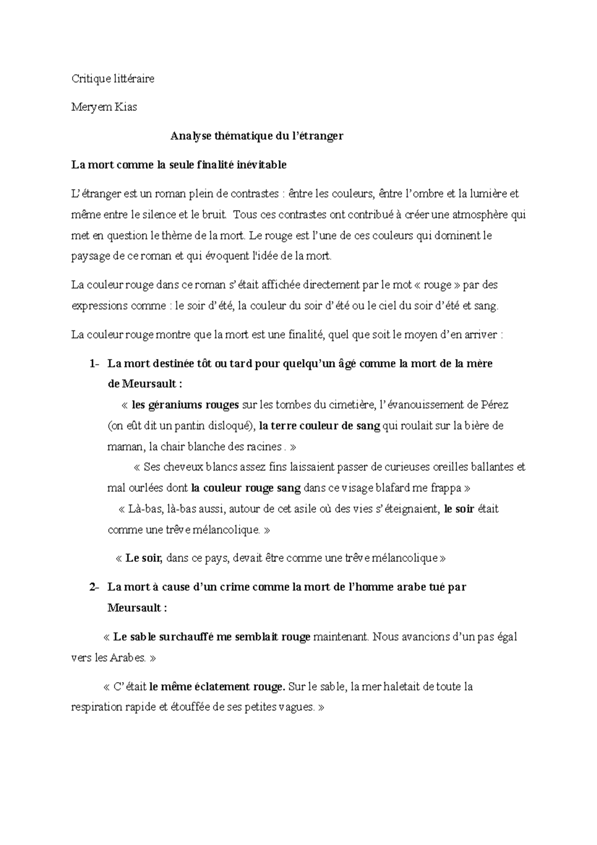 Critique+thématique Analyse thématique du l’étranger Critique