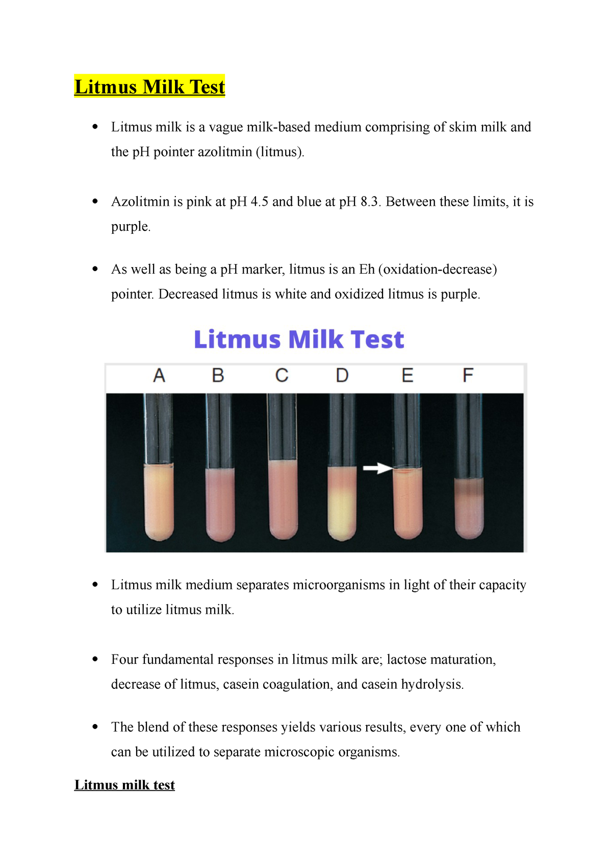 Litmus Milk Test - USEFUL LECTURE NOTES - Litmus Milk Test Litmus Milk ...