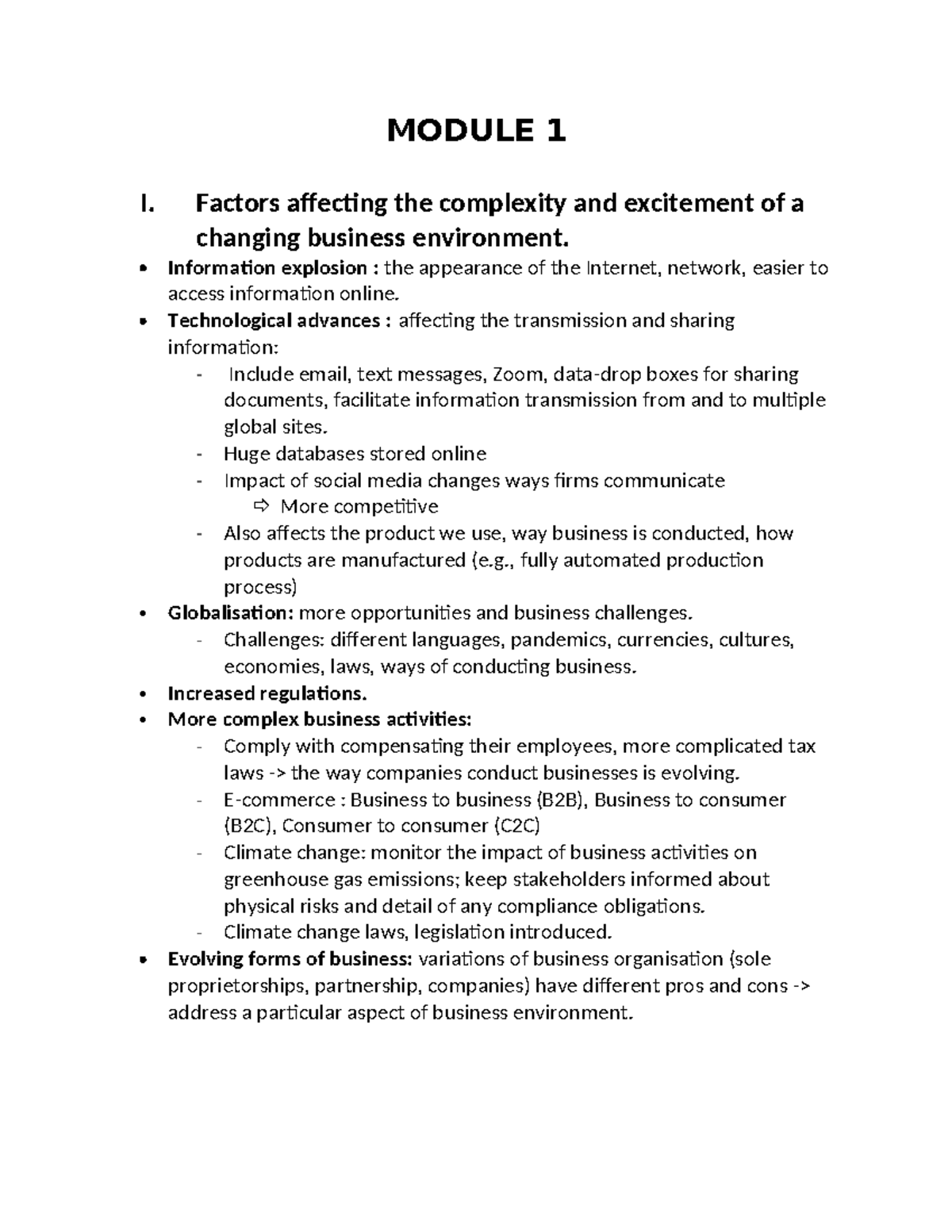 Buss1030 module 1+2 - MODULE 1 I. Factors affecting the complexity and ...