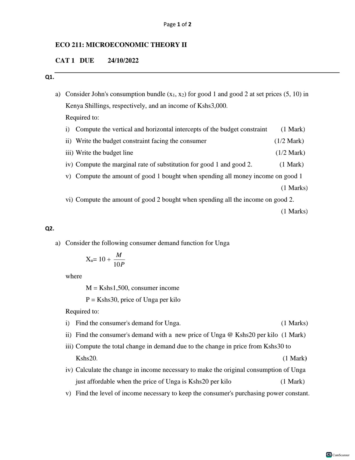 ECO 211 CAT 1 1 - It's A Continuous Assessment Test For Second Year ...