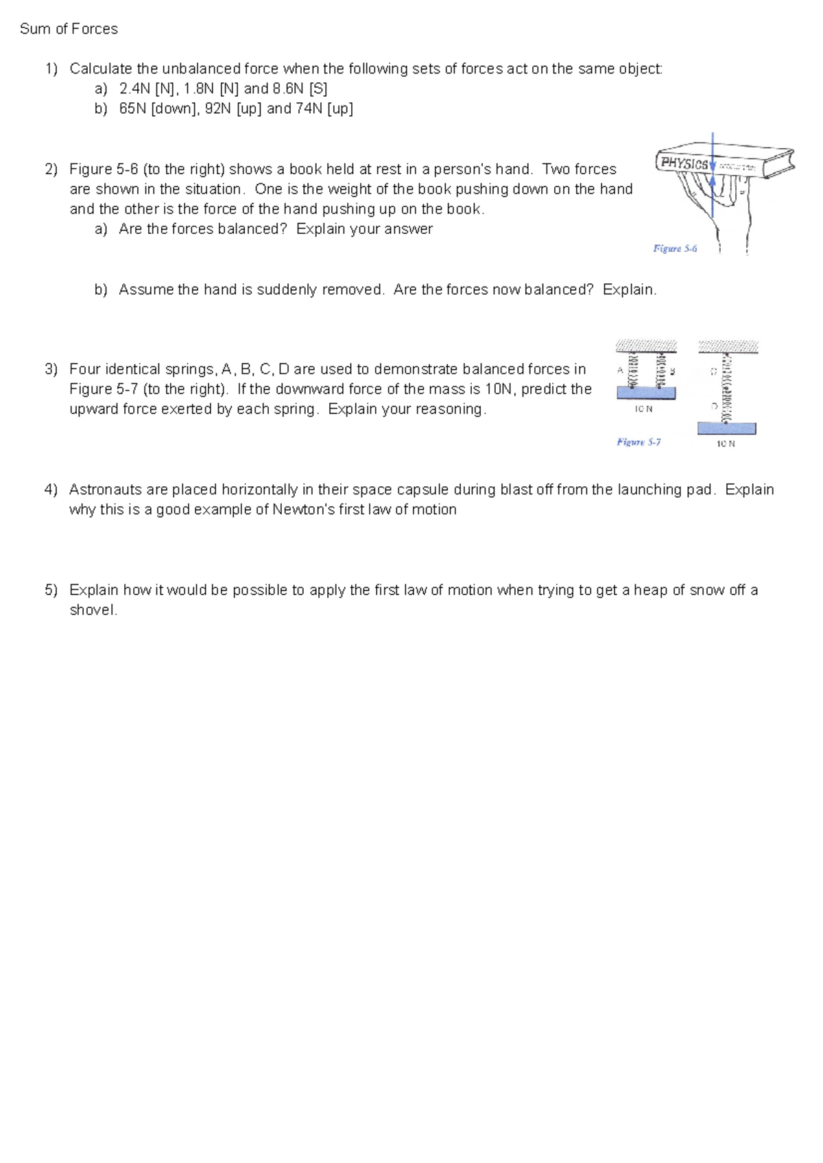 02 Sum of Forces Worksheet - Sum of Forces 1) Calculate the unbalanced ...