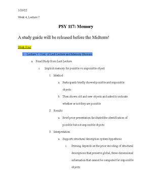 PSY 117 WEEK 7 Notes - Week 7, Lecture 12 PSY 117: Memory Announcements ...