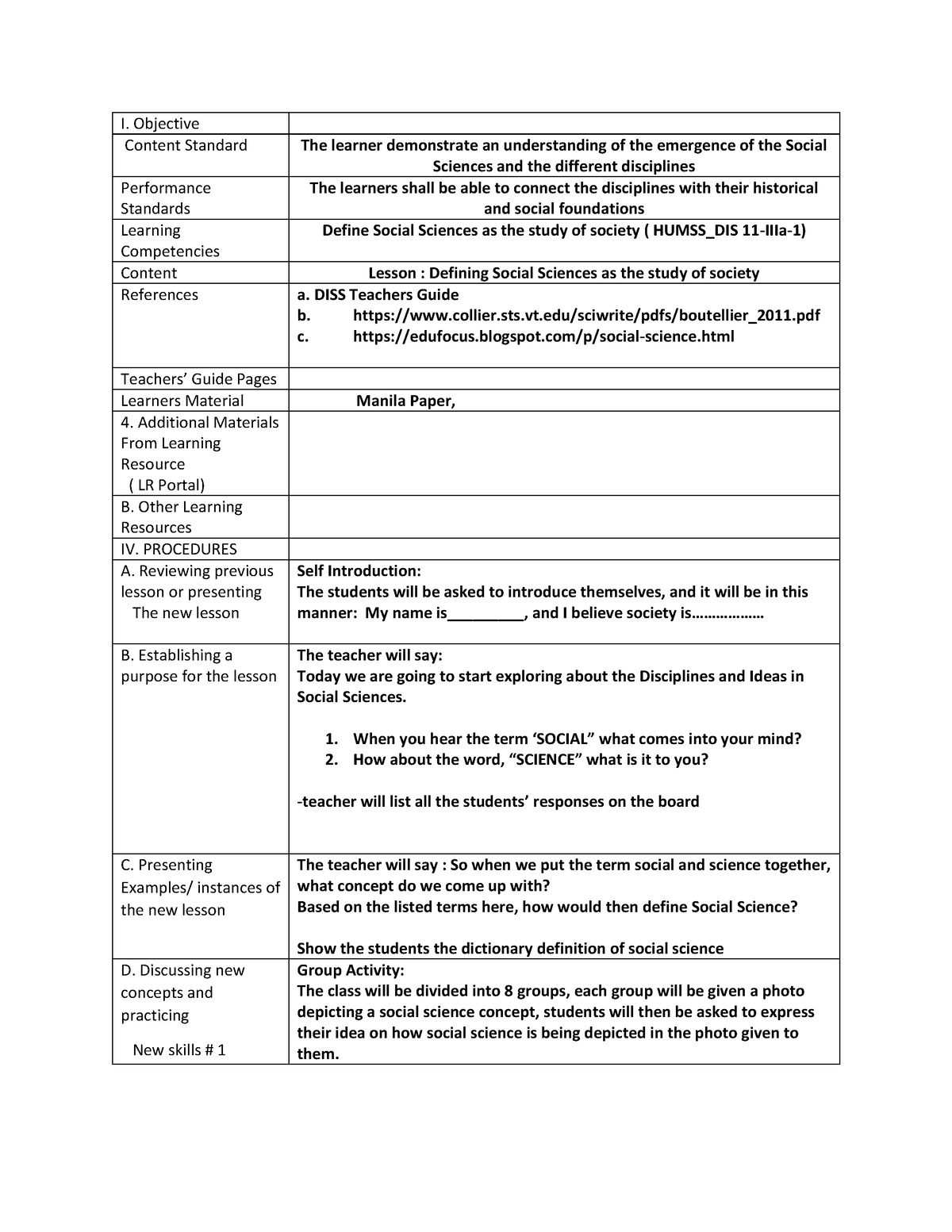 412790309 DISS lesson Plan - I. Objective Content Standard The learner ...