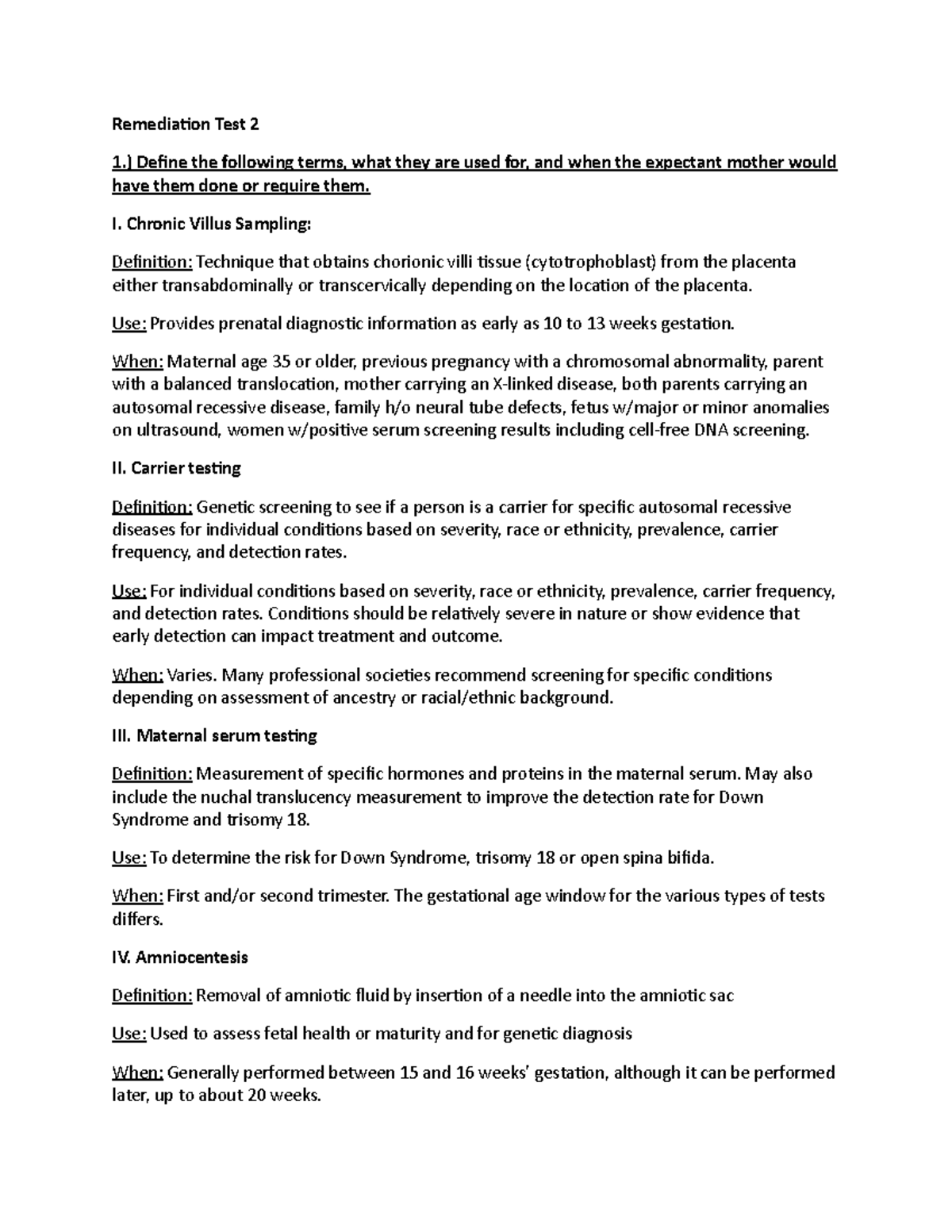Maternity Remediation Remediation Test 2 1.) Define the following