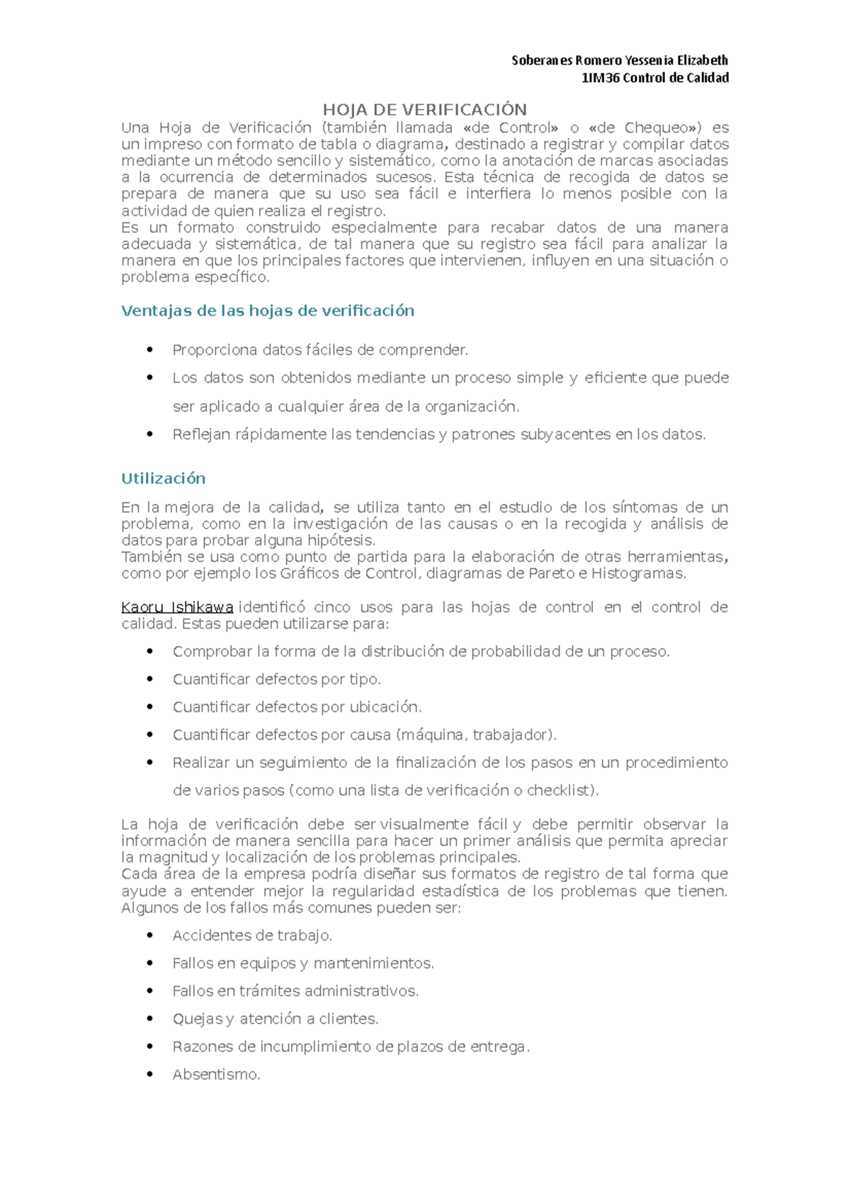 HOJA DE Verificación - 1IM36 Control De Calidad HOJA DE VERIFICACIÓN ...