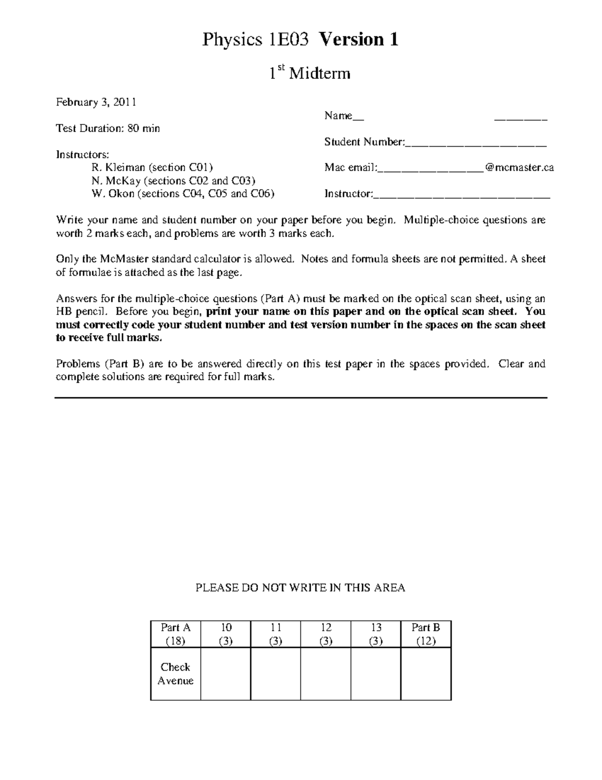 Physics 1E03 Winter 2011 Test 1 - Physics 1E03 Version 1 1 st Midterm ...