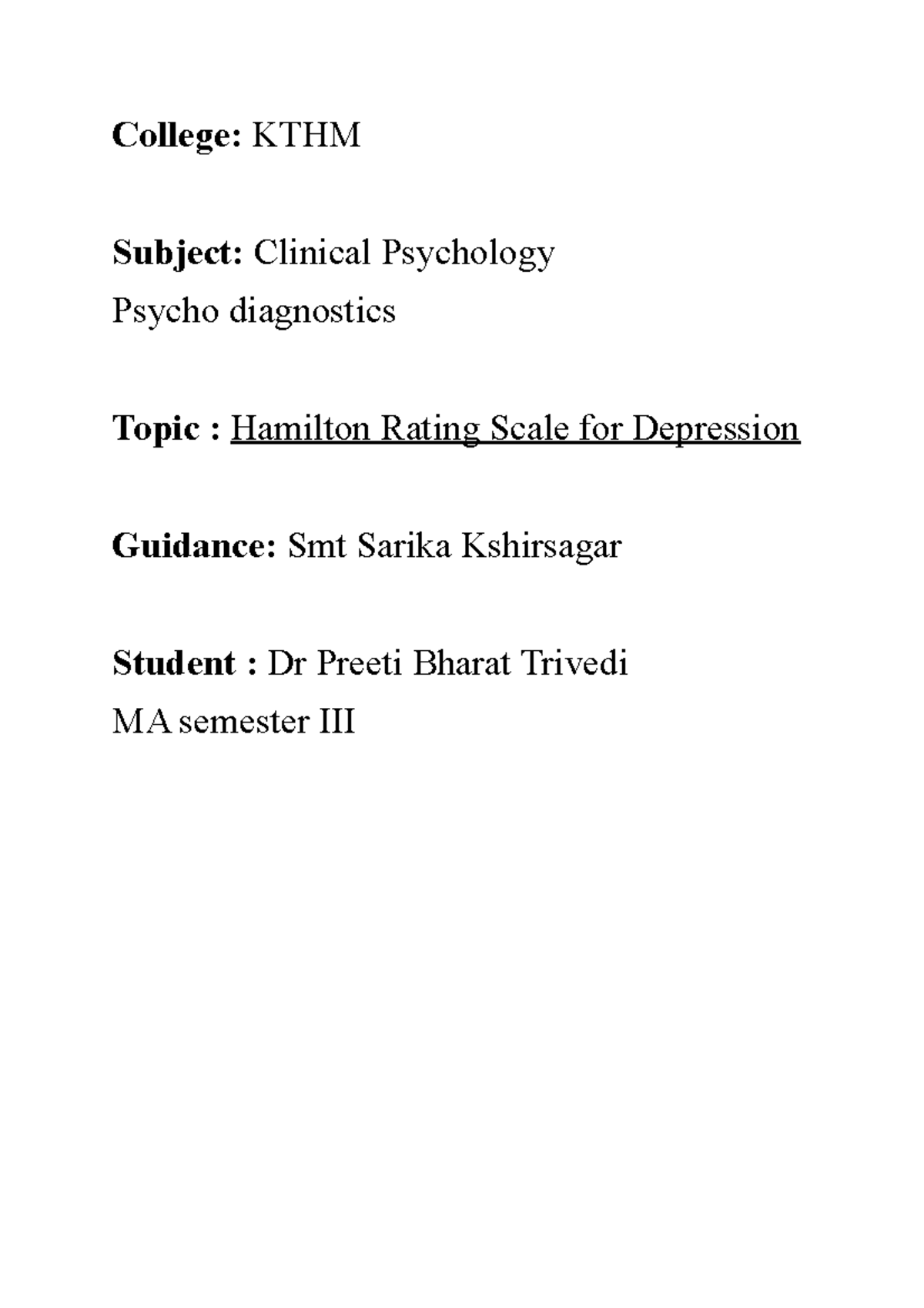 Hamilton questionnaire College KTHM Subject Clinical Psychology