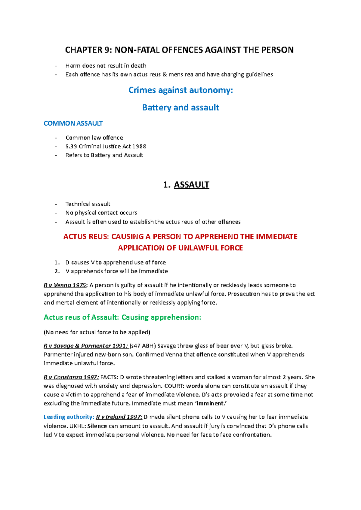 Assault & Battery Detailed summary notes giving an overview of the