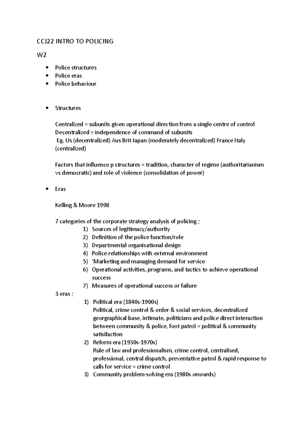 CCJ22 W2 - Lecture notes - CCJ22 INTRO TO POLICING W Police structures ...