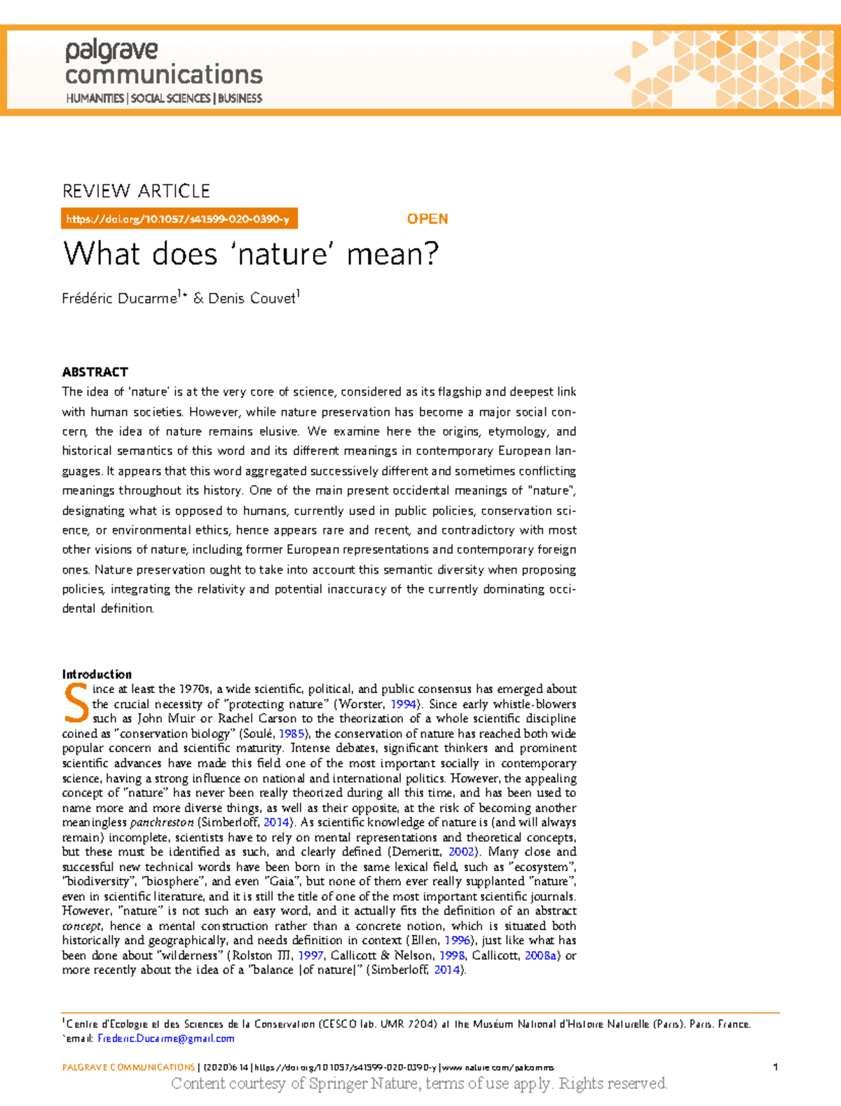 What does nature mean REVIEW ARTICLE What does ‘nature’ mean? Frédéric Ducarme 1 * & Denis