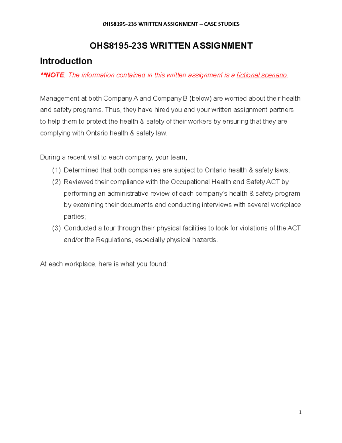 OHS8195-23S Written Assignment - Case studies 2023 - 13992-2001 ...