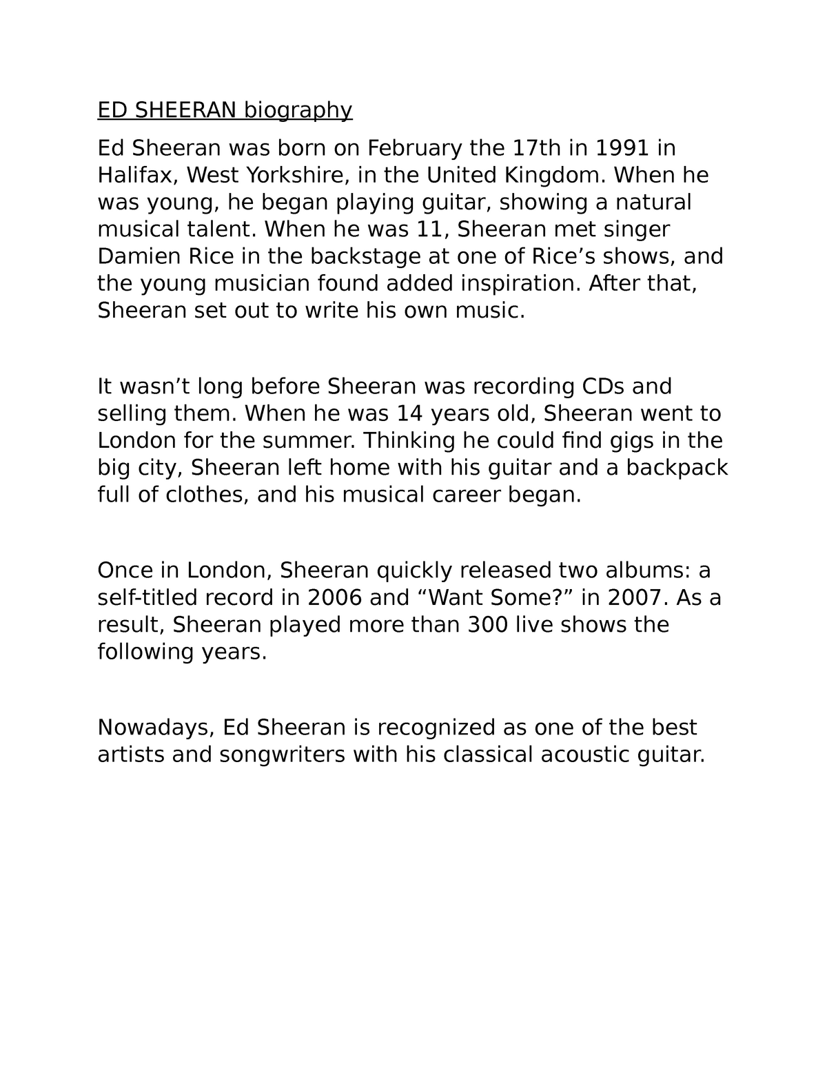 ed sheeran biography ks2