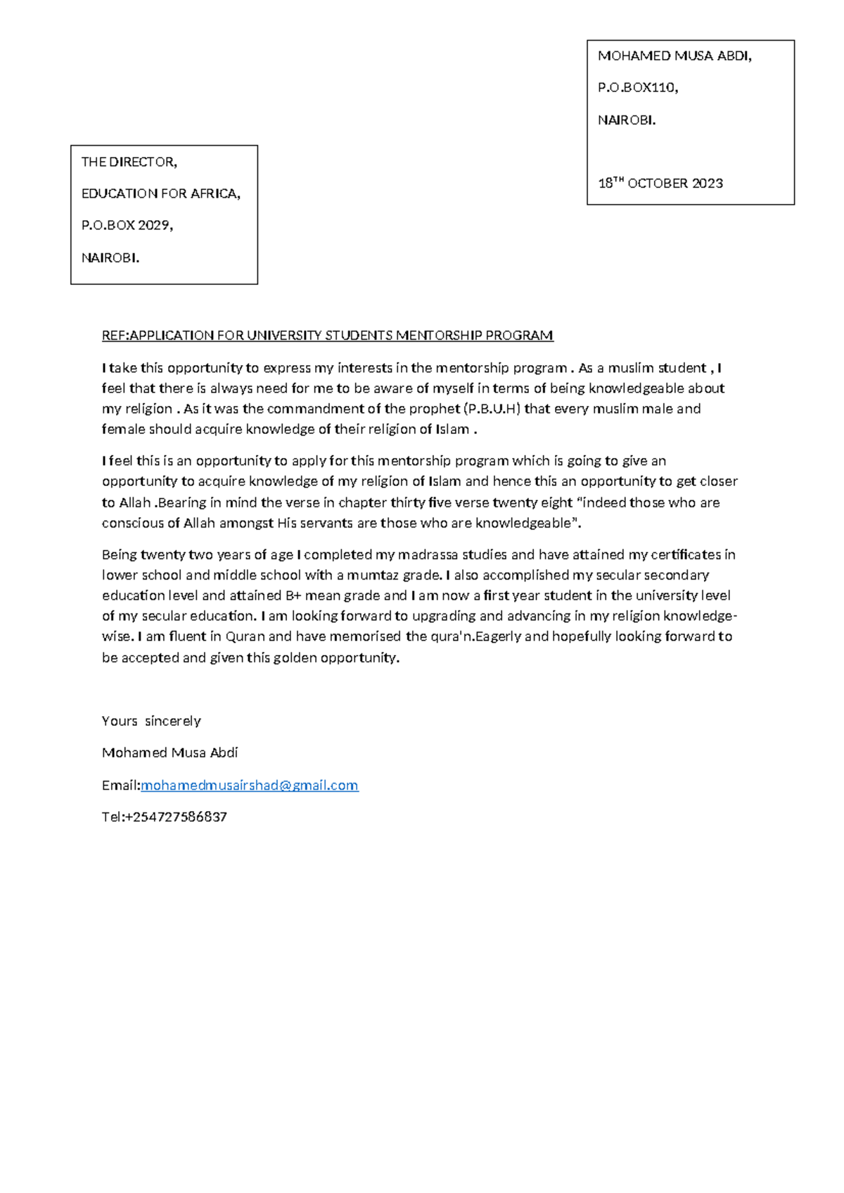 A. Letetr - good notes - REF:APPLICATION FOR UNIVERSITY STUDENTS ...