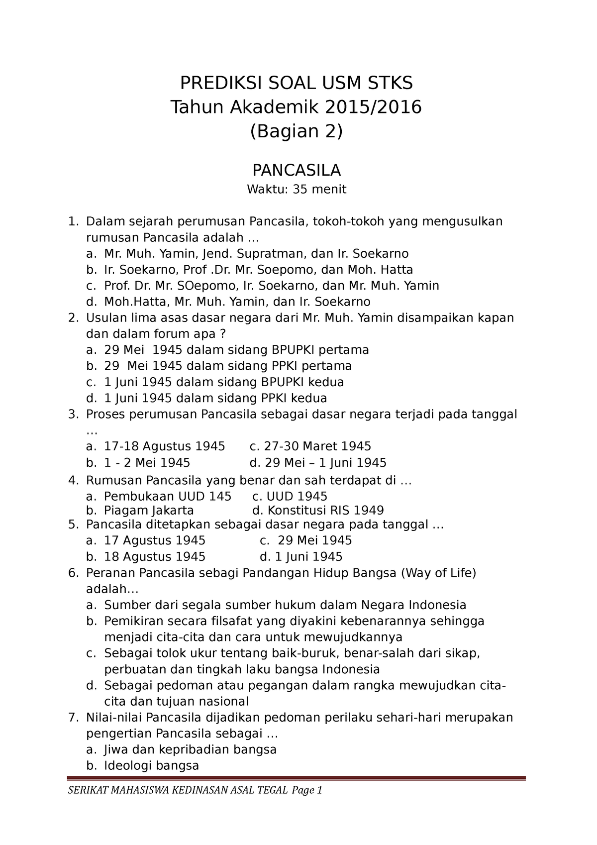 SOAL Pancasila - Isinya - PREDIKSI SOAL USM STKS Tahun Akademik 2015 ...