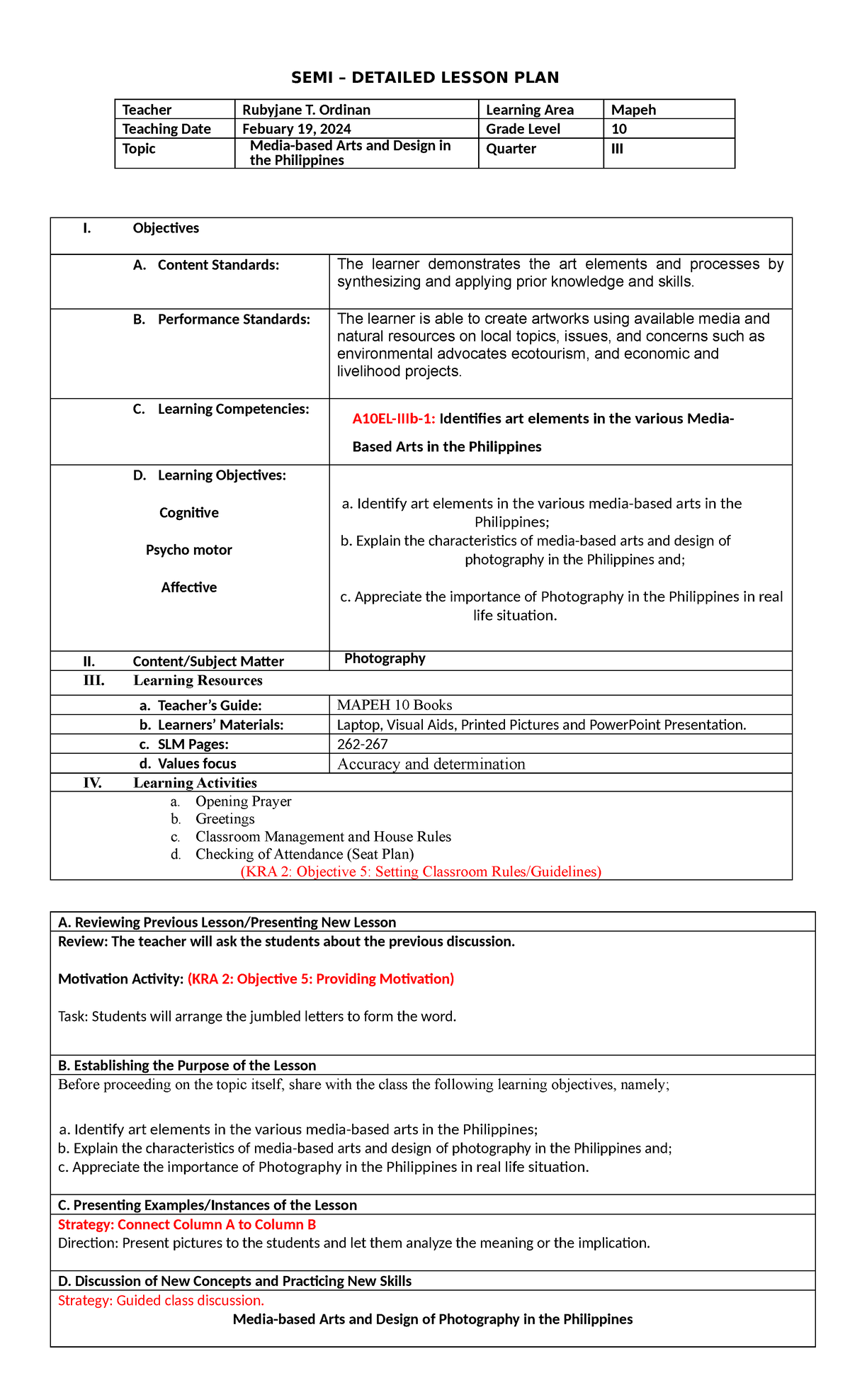 Mapeh 10 ARTS Copy - SEMI – DETAILED LESSON PLAN Teacher Rubyjane T ...