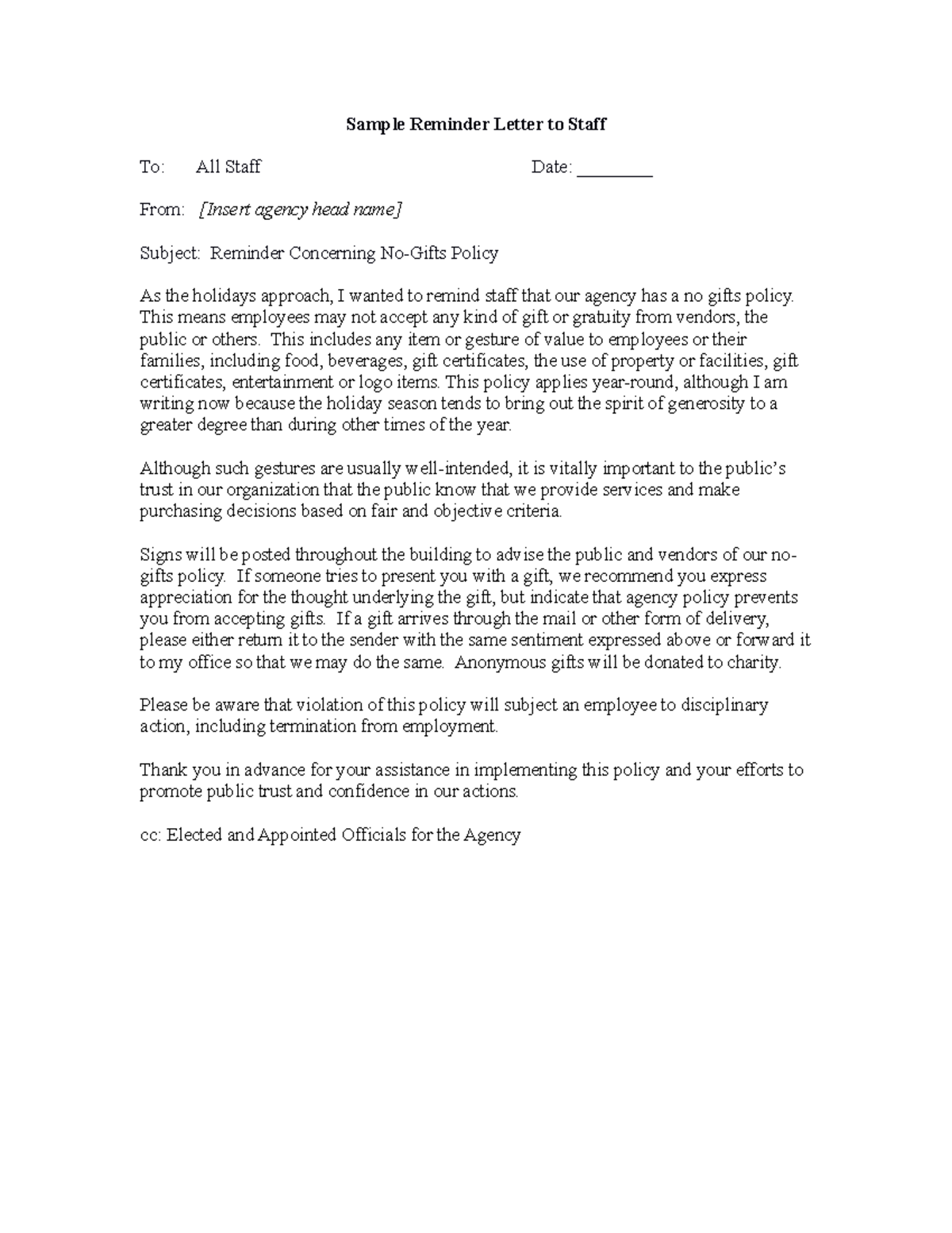 Sample no gifts reminder letter to staff - Sample Reminder Letter to ...