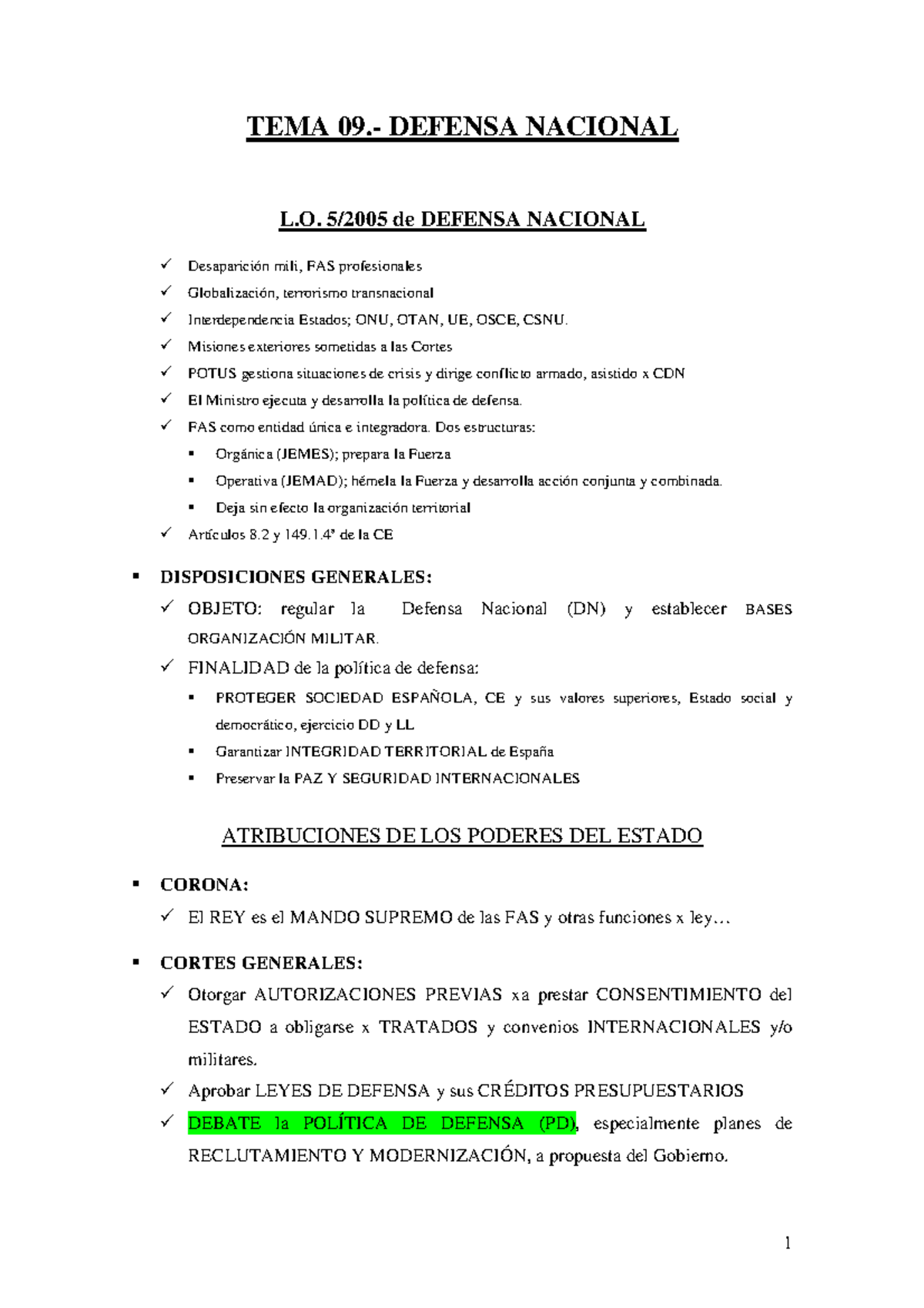 Oposición Oficial Guardia Civil TEMA_09 TEMA 09. DEFENSA NACIONAL L. 5/2005 de DEFENSA Oposición Oficial Guardia Civil TEMA_09 TEMA 09. DEFENSA NACIONAL L. 5/2005 de DEFENSA