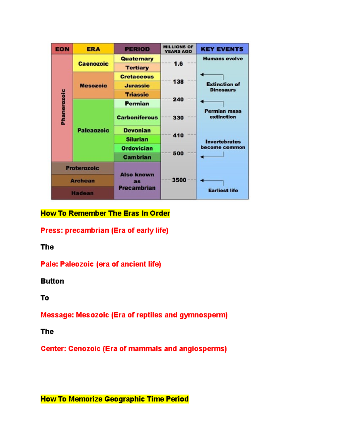 Geology Review - How To Remember The Eras In Order Press: precambrian ...