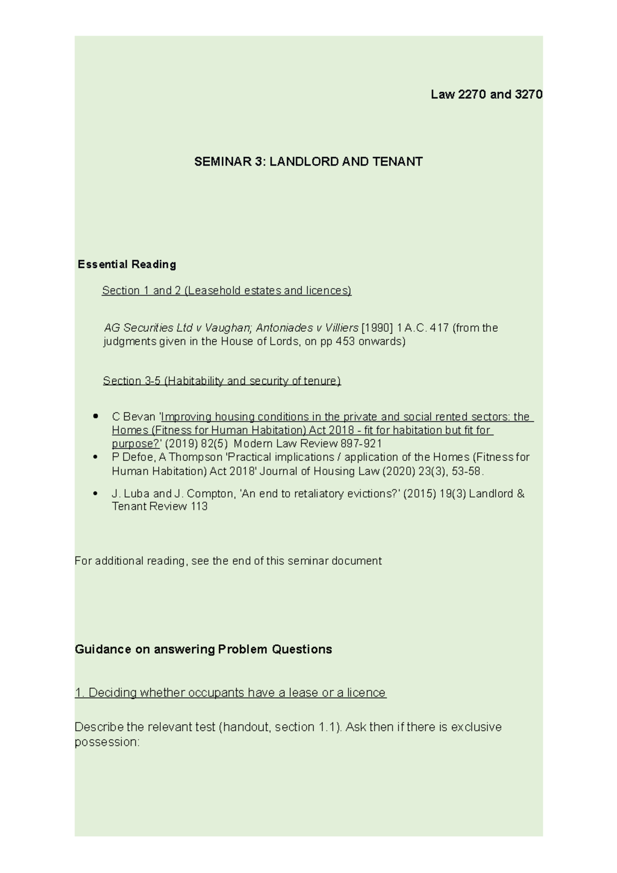 Land 3 (Landlord and Tenant) - Seminar (2022) - Law 2270 and 3270 ...