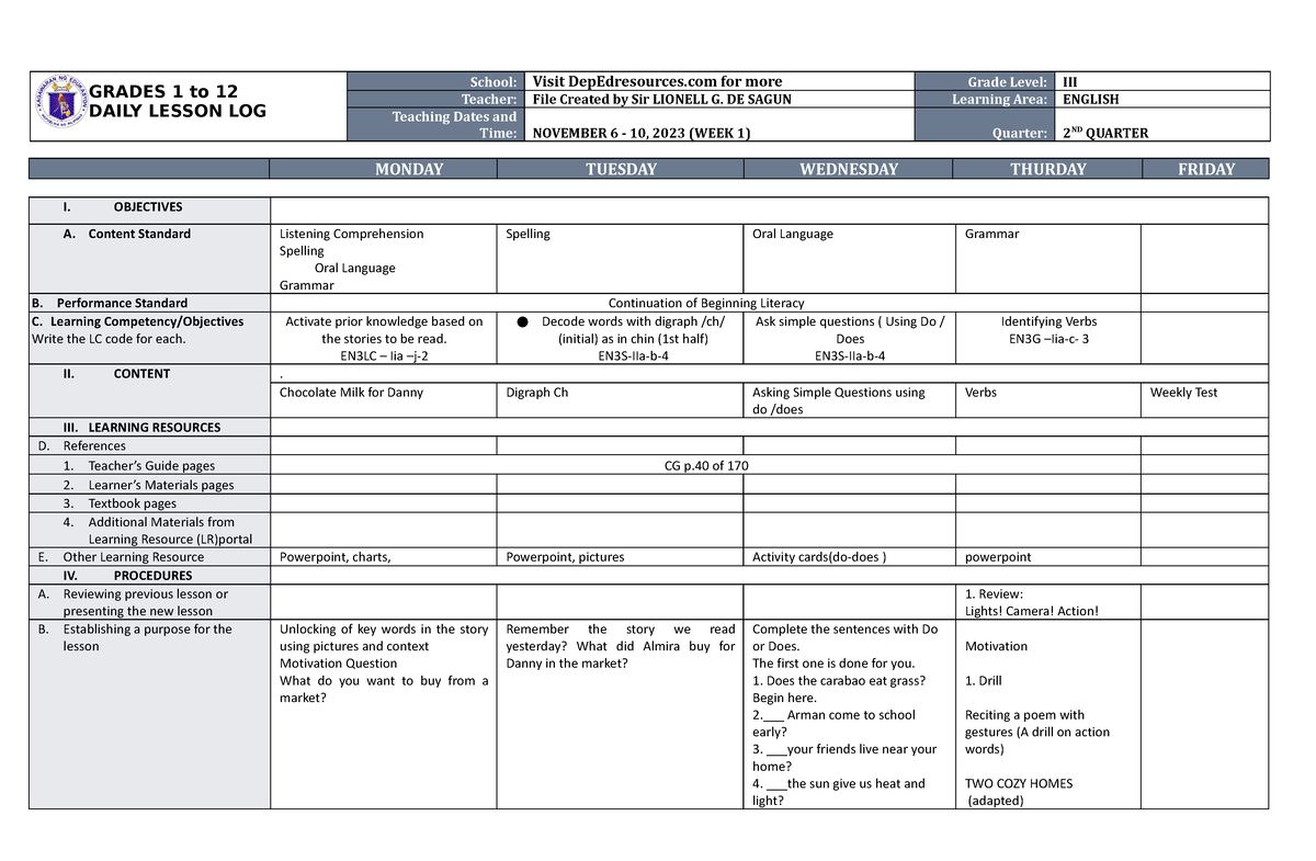 DLL English 3 Q2 W1 - Daily Lesson Log - GRADES 1 To 12 DAILY LESSON ...