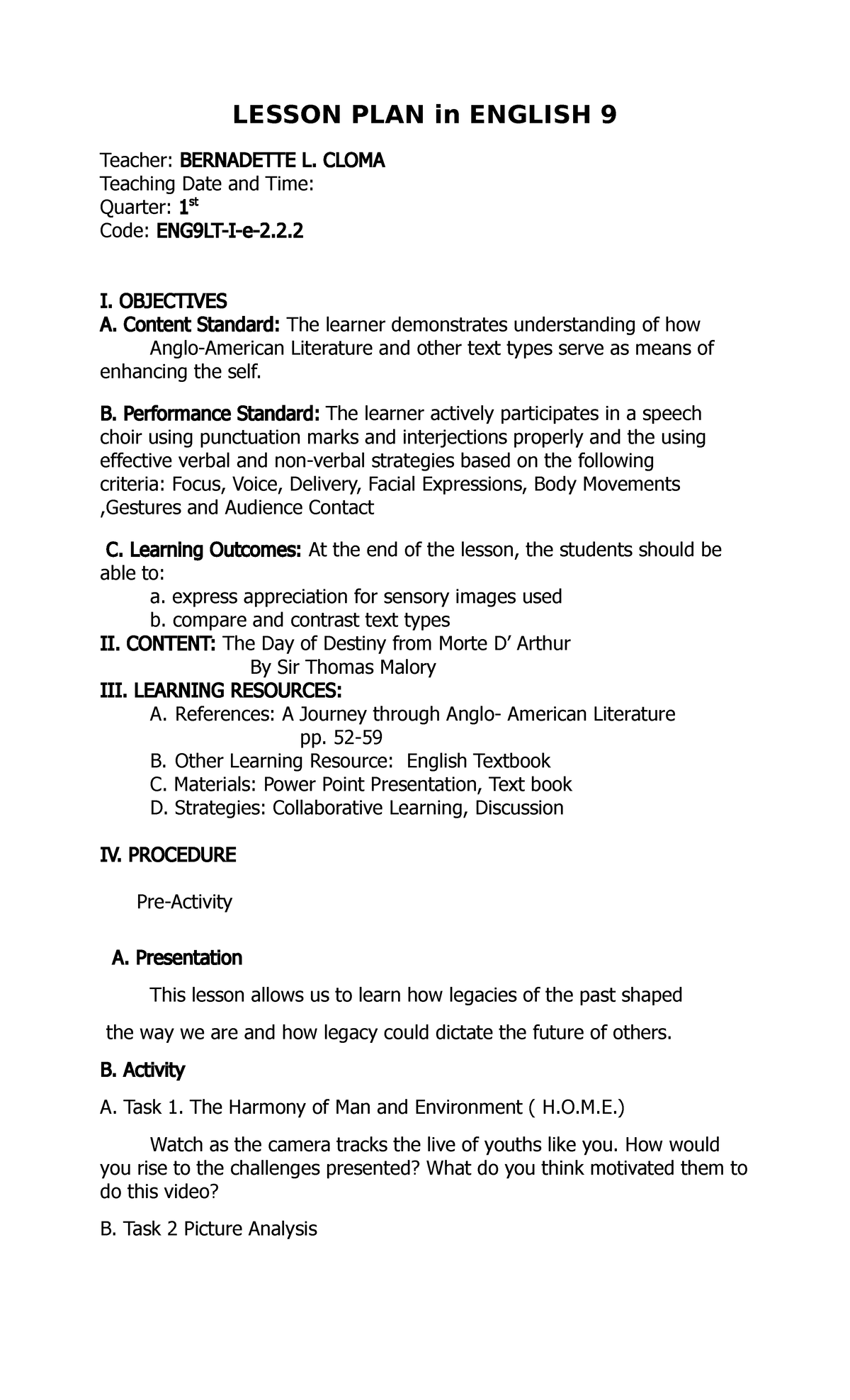 Inset- lesson plan Day of Destiny - LESSON PLAN in ENGLISH 9 Teacher ...