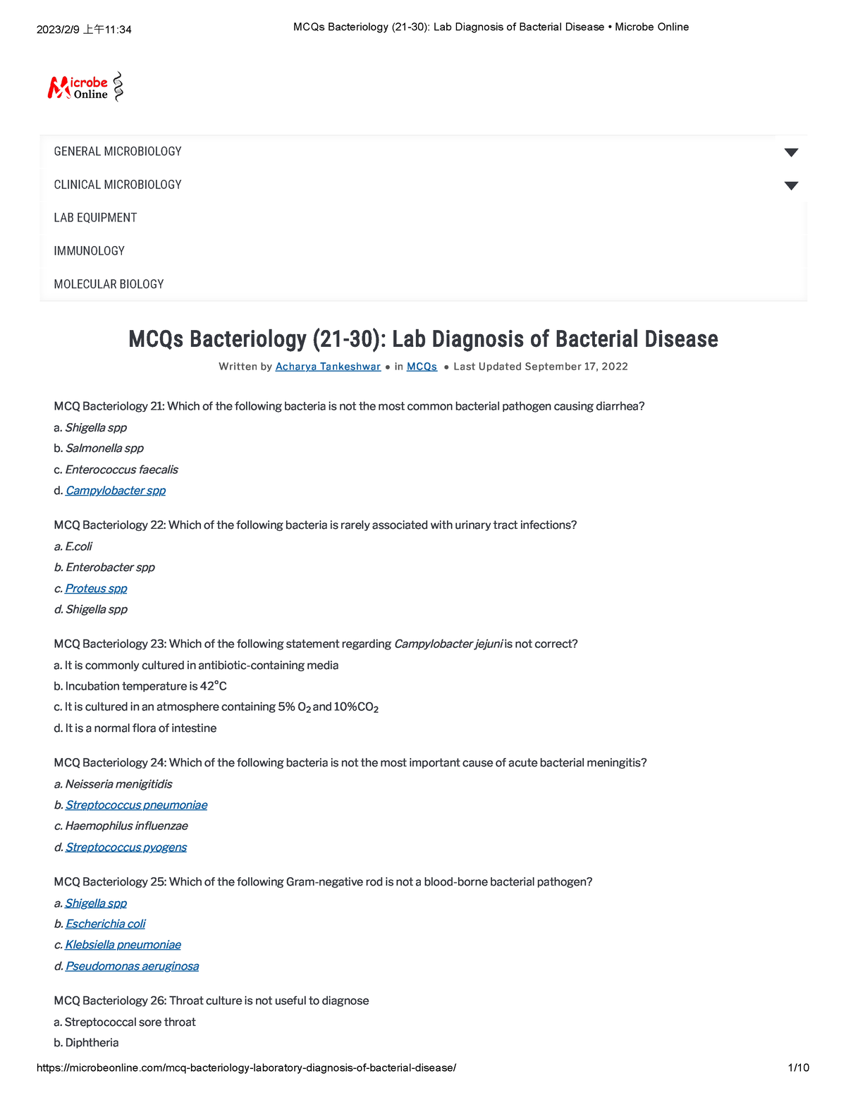 MCQs Bacteriology (21-30) Lab Diagnosis Of Bacterial Disease • Microbe ...