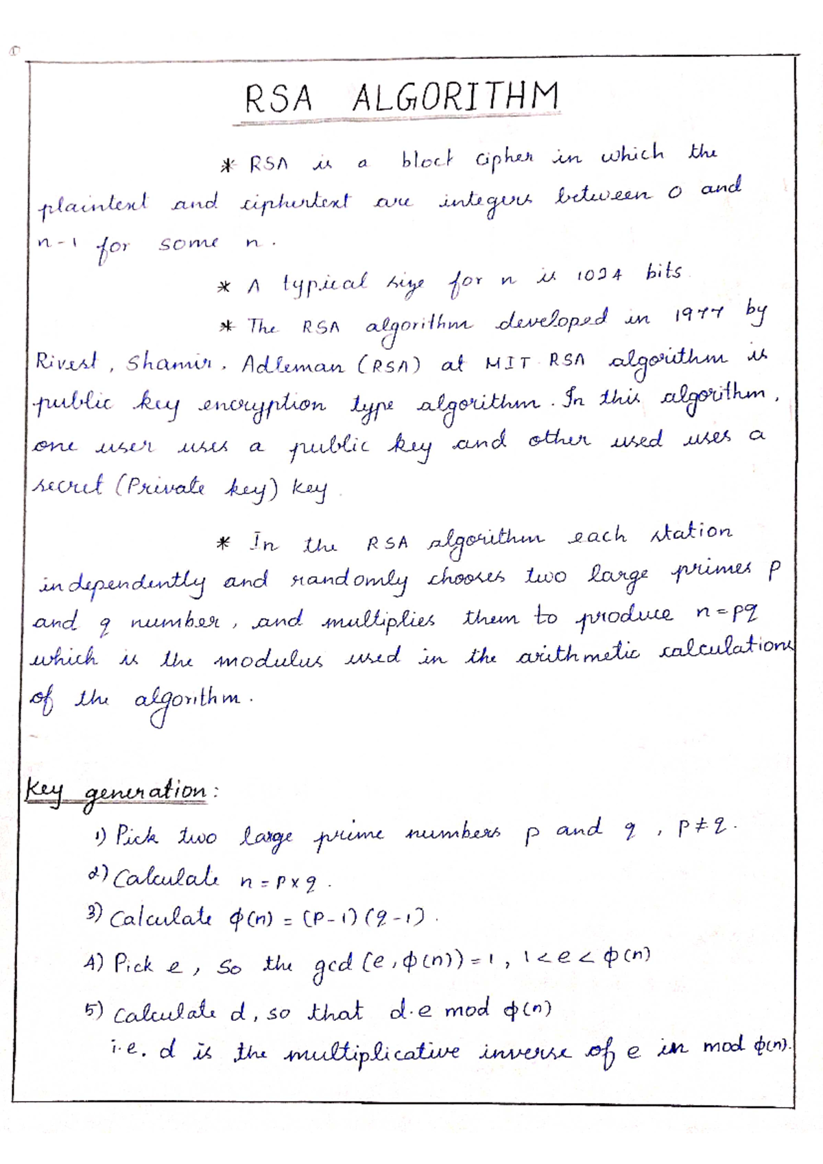 RSA algorithm - D RSA ALGORITHM RSA is a block cipher in which the ...