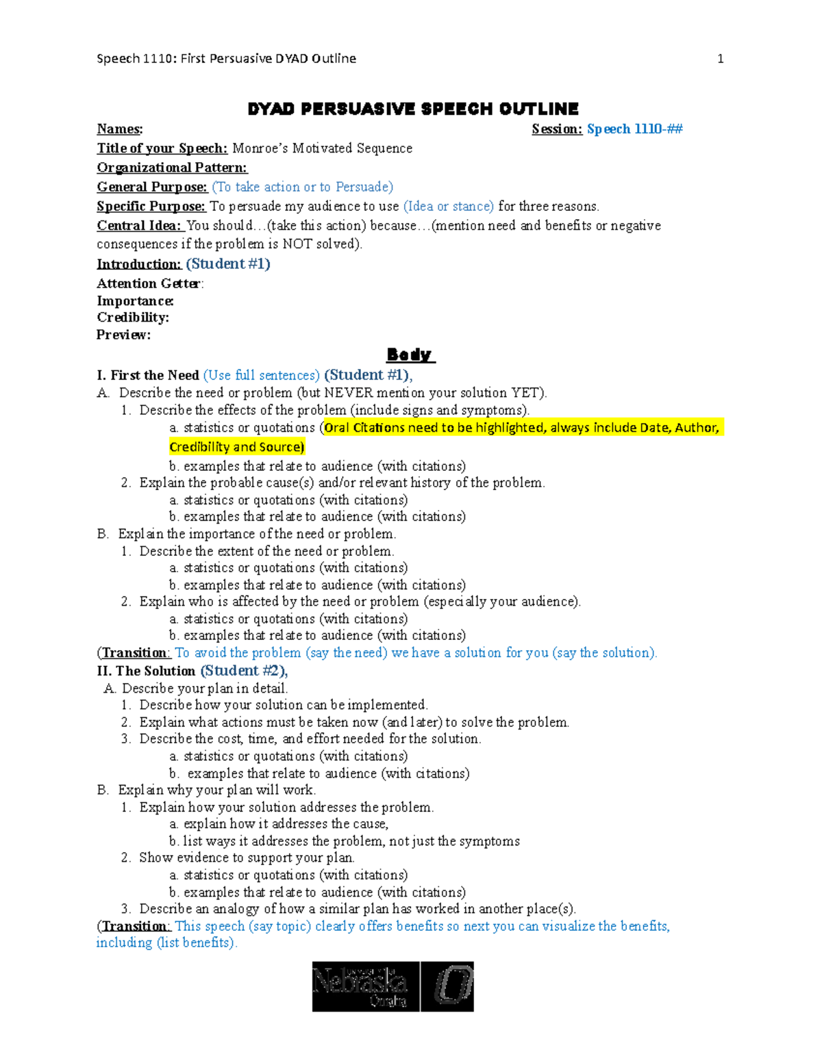 Monroe Motivated Sequence Speech Outline Sample PDF Template