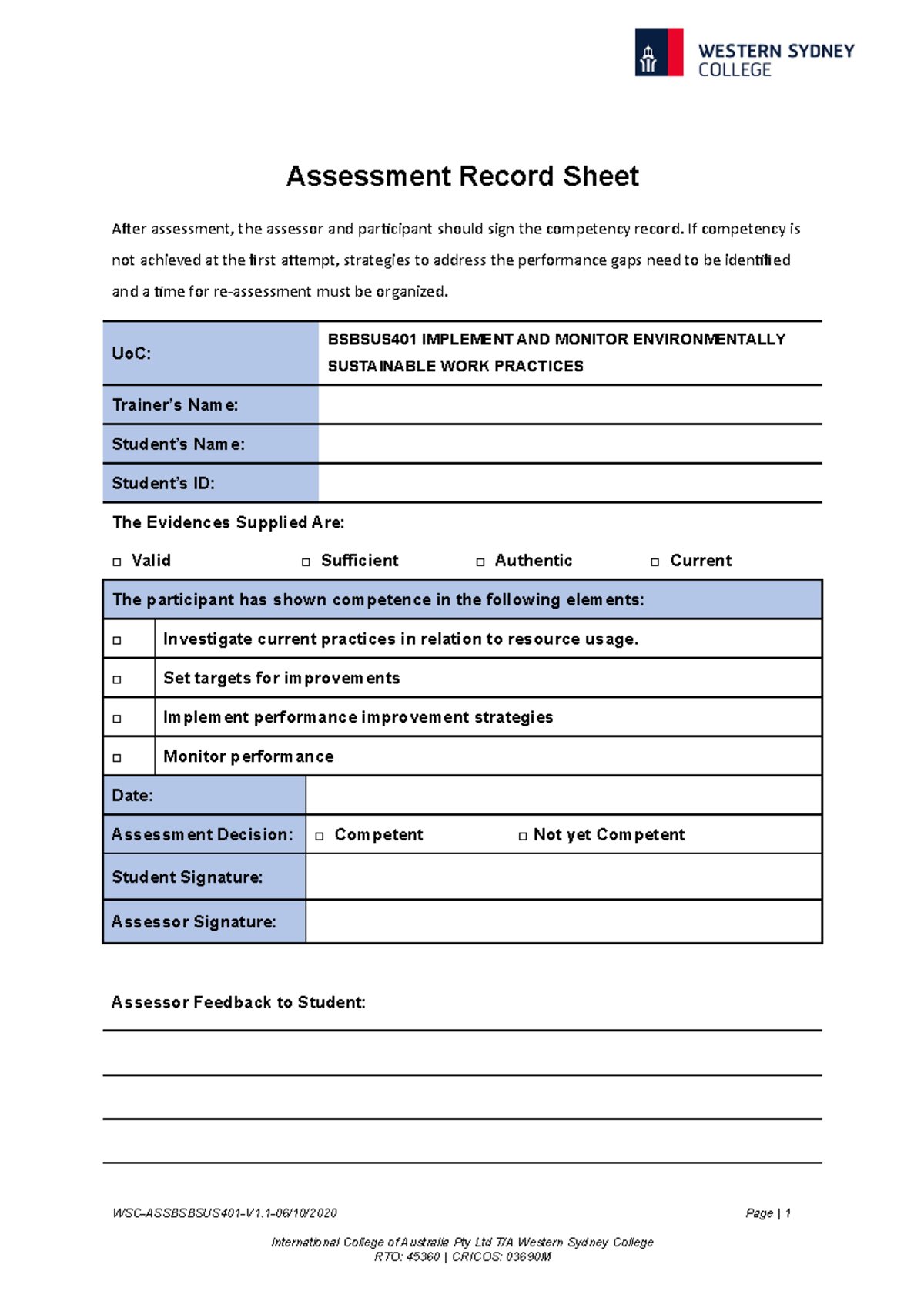 Final Record Sheet - Assessment Record Sheet After assessment, the ...