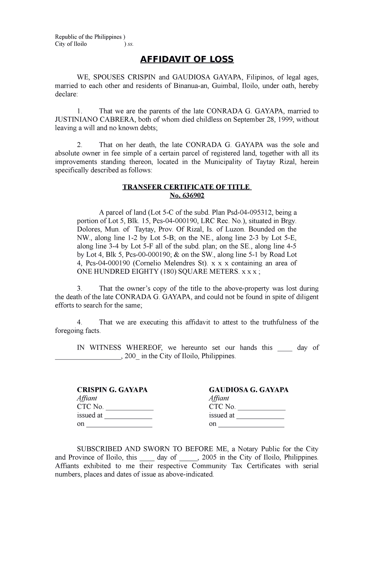 Affidavit of Loss, SPS Gayapa - Juris Doctor - San Jose - Studocu