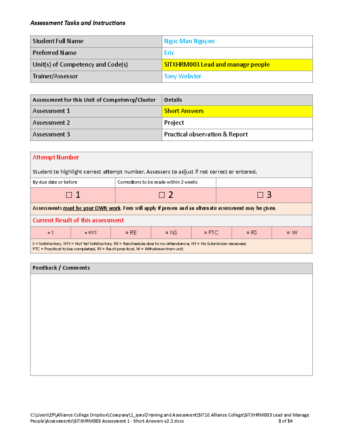 Sitxhrm 003 Assessment 1 - Short Answers edited v2 - Assessment Tasks ...