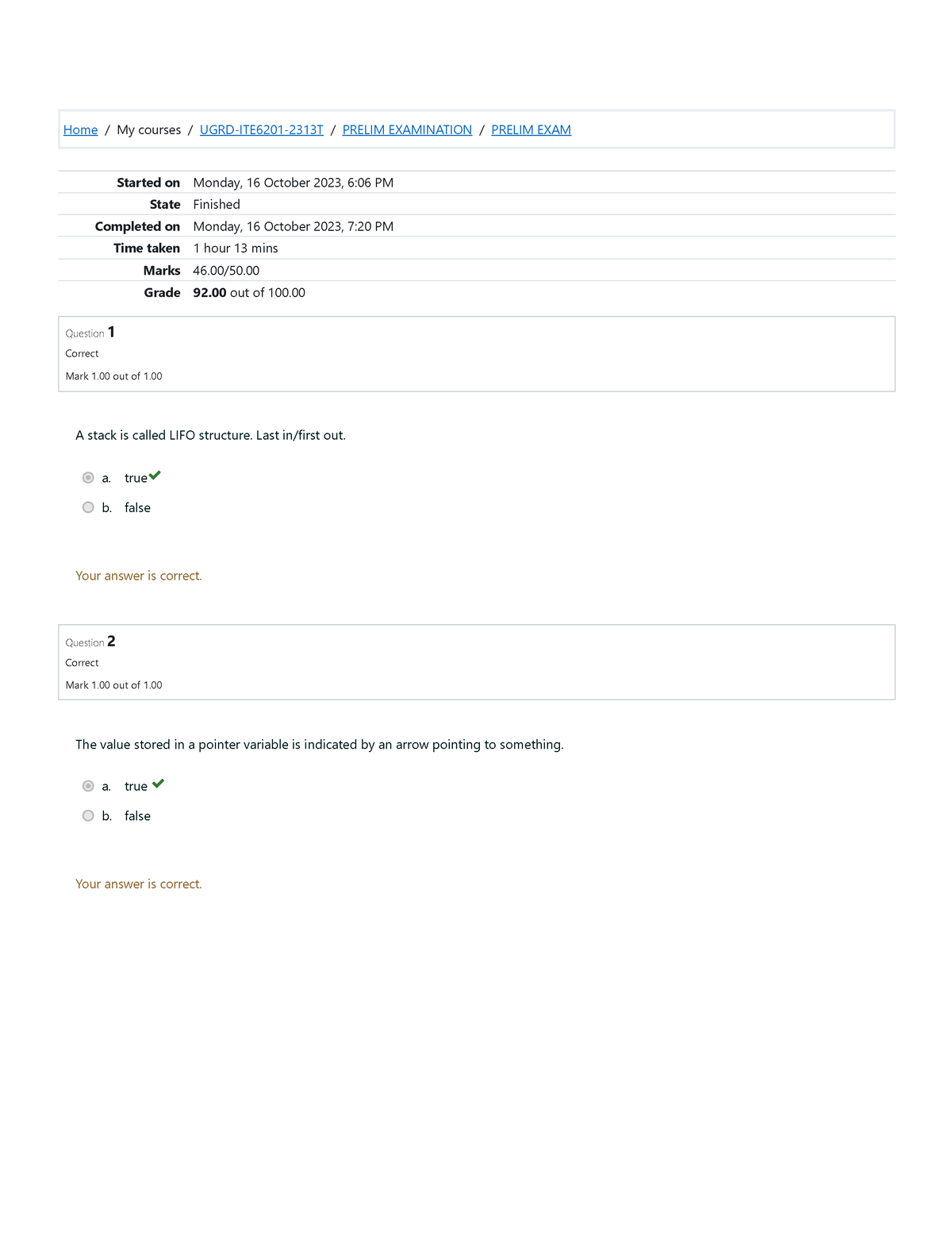 Prelim EXAM Data Structures - Home / My Courses / UGRD-ITE6201-2313T ...