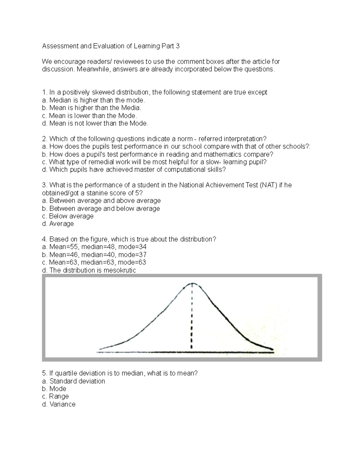 Assessment and Evaluation of Learning Part 3 - Meanwhile, answers are ...