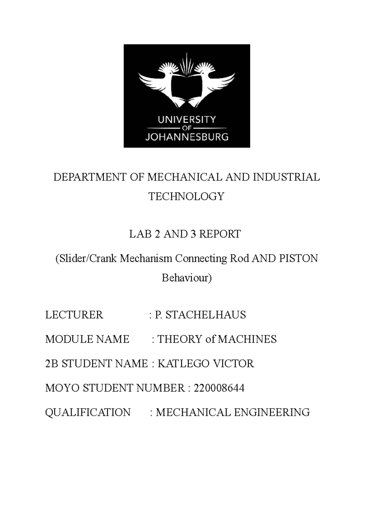 Theory OF Machines LAB 2 AND 3 2023 DEPARTMENT OF MECHANICAL AND