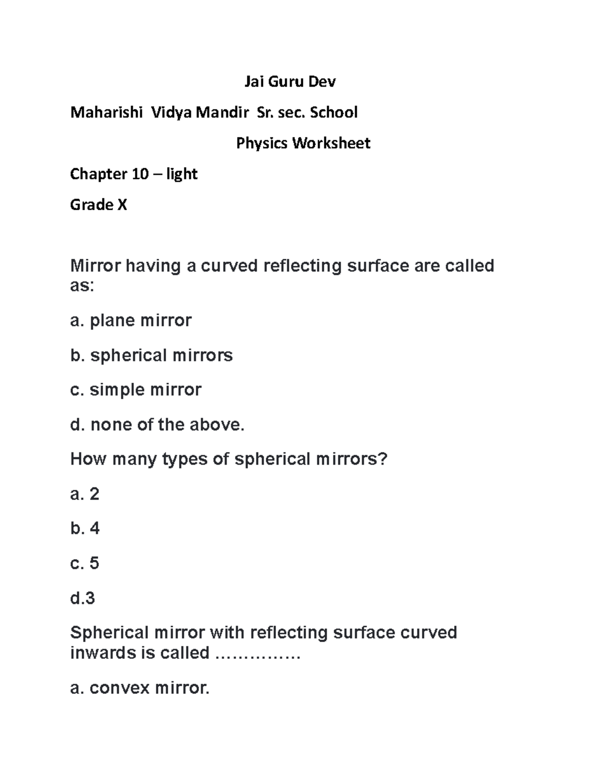 Light Reflection and Refraction MCQs - Jai Guru Dev Maharishi Vidya ...