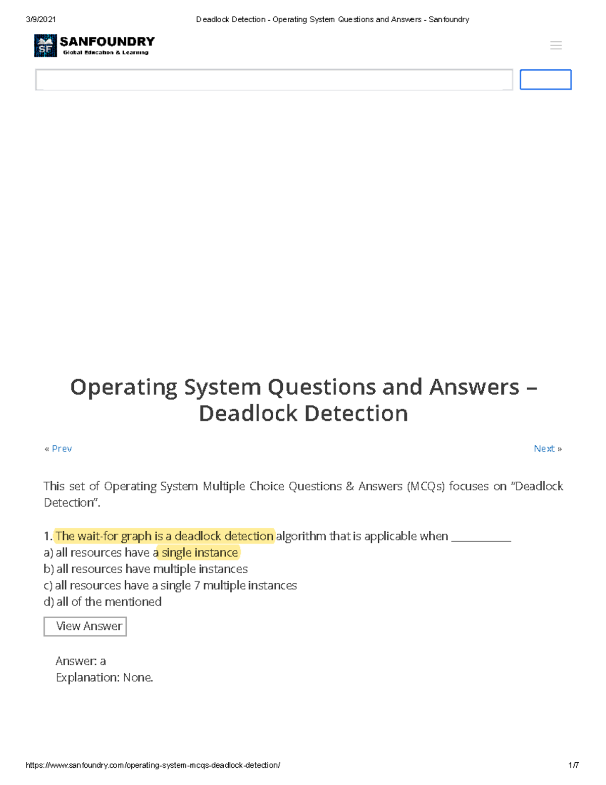 Deadlock Detection - Operating System Questions and Answers ...