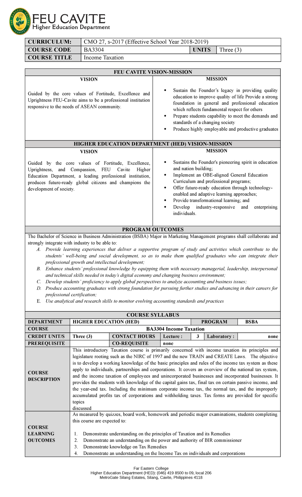 BA3304 Income Taxation Syllabus - Far Eastern College Higher Education ...